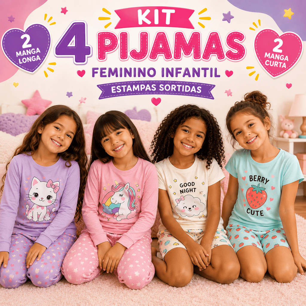 Kit 4 Pijamas Infantis Femininos Manga Longa e Curta Sortidos Menina Bebê Verão Inverno Calor Frio Roupa de Dormir
