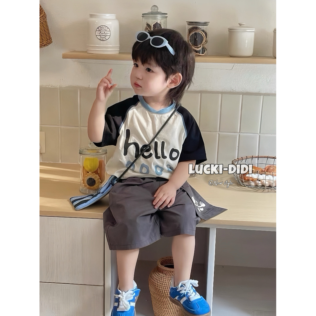 LUCKI crianças roupas infantis coreanas 2026 verão meninos contraste cor manga Raglan carta camiseta pequena cortina de 