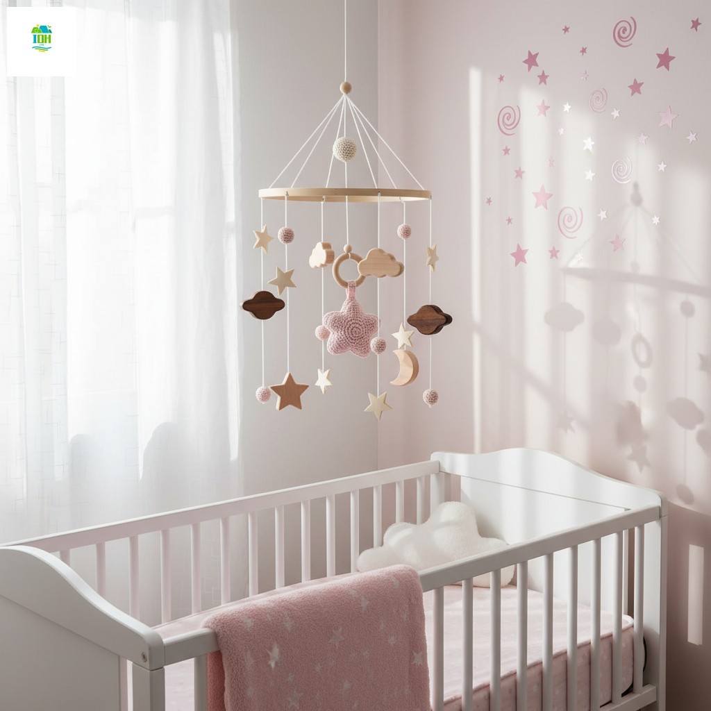 Móbile De Madeira Natural Para Bebês Com Nuvens De Lua De Estrelas-Brinquedo Pendurado Berço De Educação Infantil