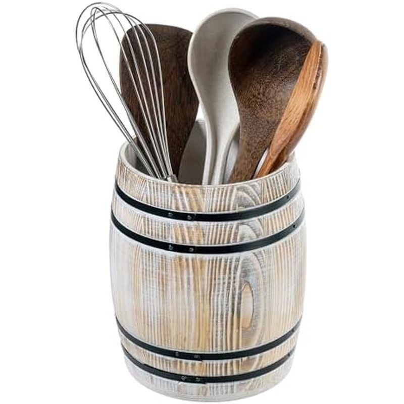 Utensílio MyGift Tool Suporte De Madeira Vinho Crock , Design Barril De Cozinha Sólido Vintage Cinza