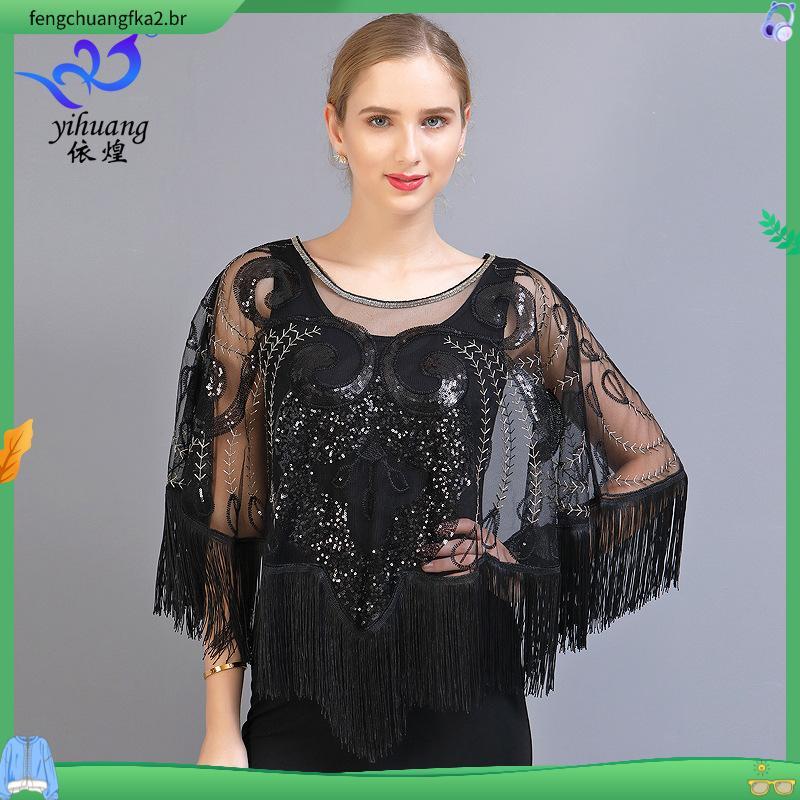 Borla De Lantejoulas Vintage Capa Noturna 1920s Flapper Party Fringed Shawl Wraps Bordado Pullover Casamento Lenço De