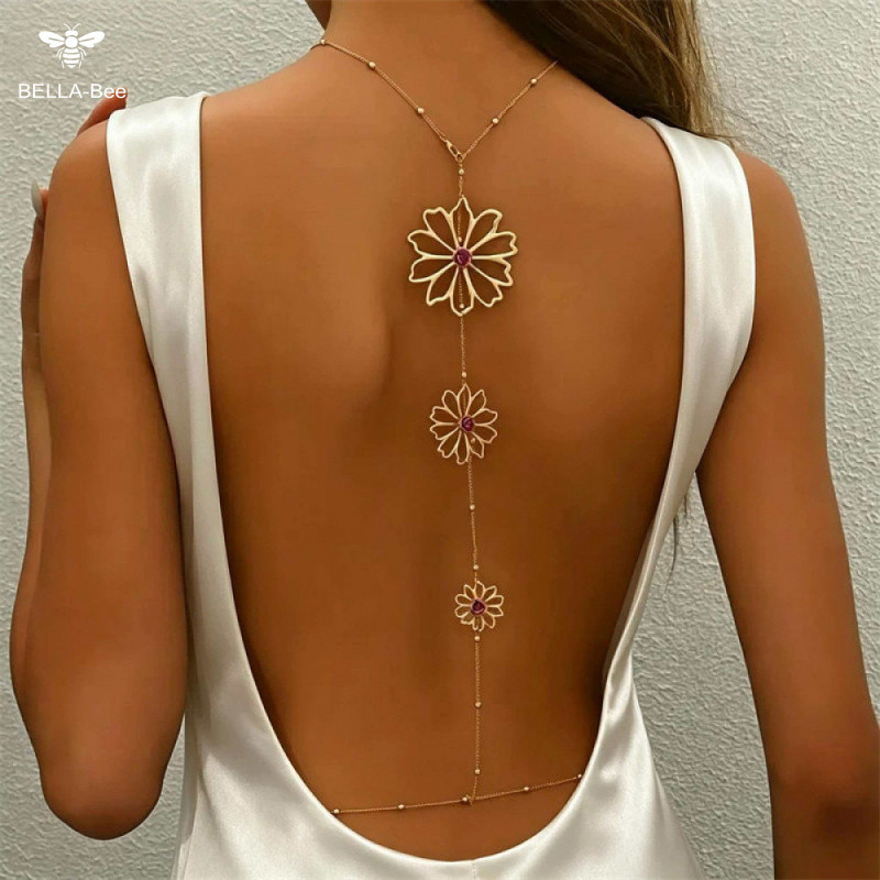 BELLA-Bee Red Accent Floral Gold Backdrop Body Chain Bohemian Flower Back Cintura Corrente Joias Elegantes Para Roupas D