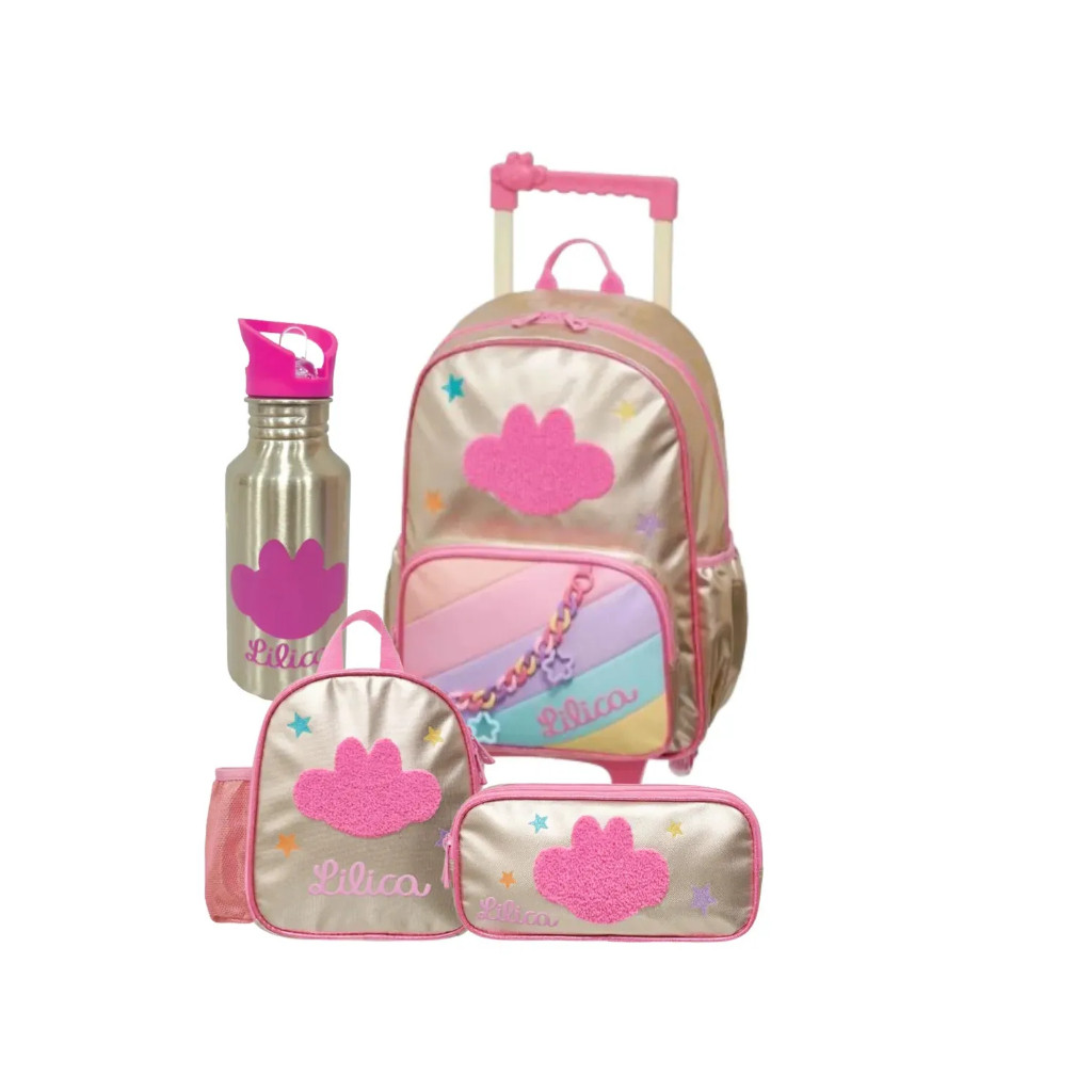 Kit Mochila Roda Lilica + Estojo duplo + Lancheira + Garrafa Dourado Lilica Golden Original