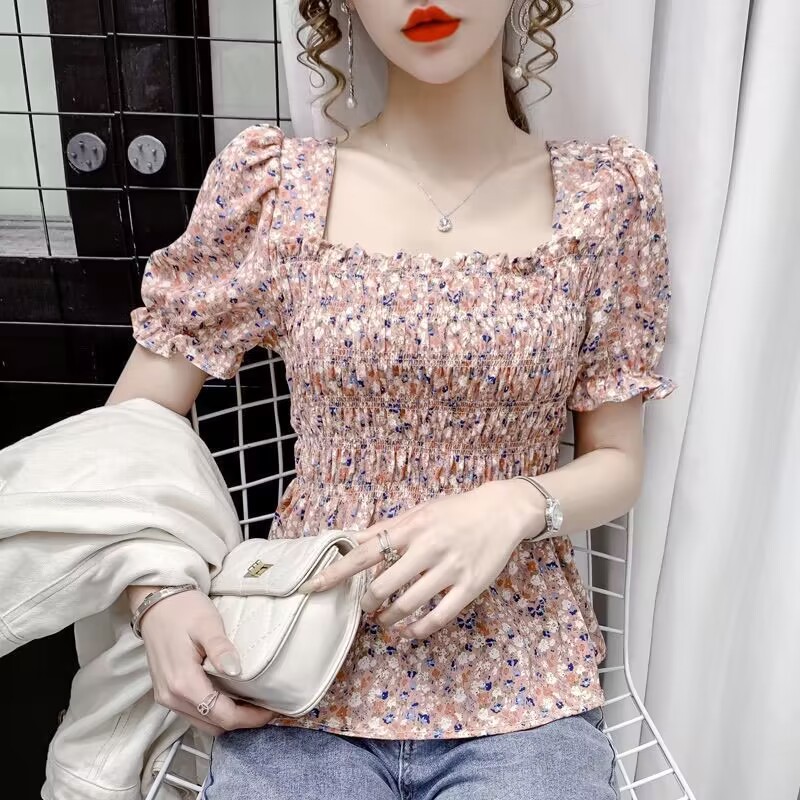 2023 novo estilo Design francês nicho doce All-Match pescoço quadrado fungo borda pequeno Floral Chiffon conjunto