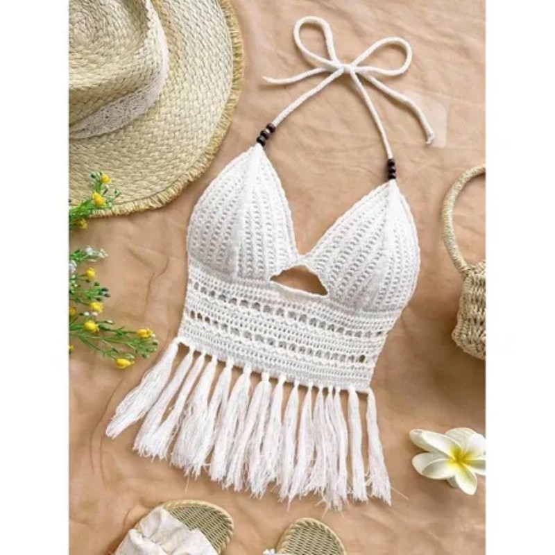 Blusa Cropped Top Tricô e Franjas Moda Praia Leve Confortável Tropical Branca D507