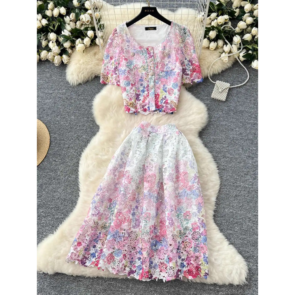 Conjunto Feminino Bordado De Duas Peças Em Crochê Crop Top Saia Linha