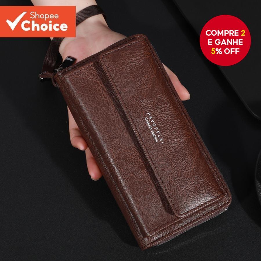 Carteira Masculina Com Zíper Longo – Suporte Para Telefone Em Couro PU De Grande Capacidade Compartimentos Vários Cartõe