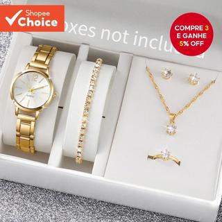 Conjunto De Relógio Feminino Ros ivga 6 Peças De Pulseira De Liga De Quartzo Com Strass J…