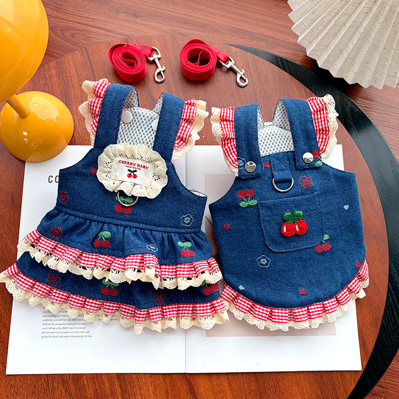 Cão roupas para cães filhote de cachorro animal de estimação primavera verão Denim cereja casal cinta estilo princesa sa