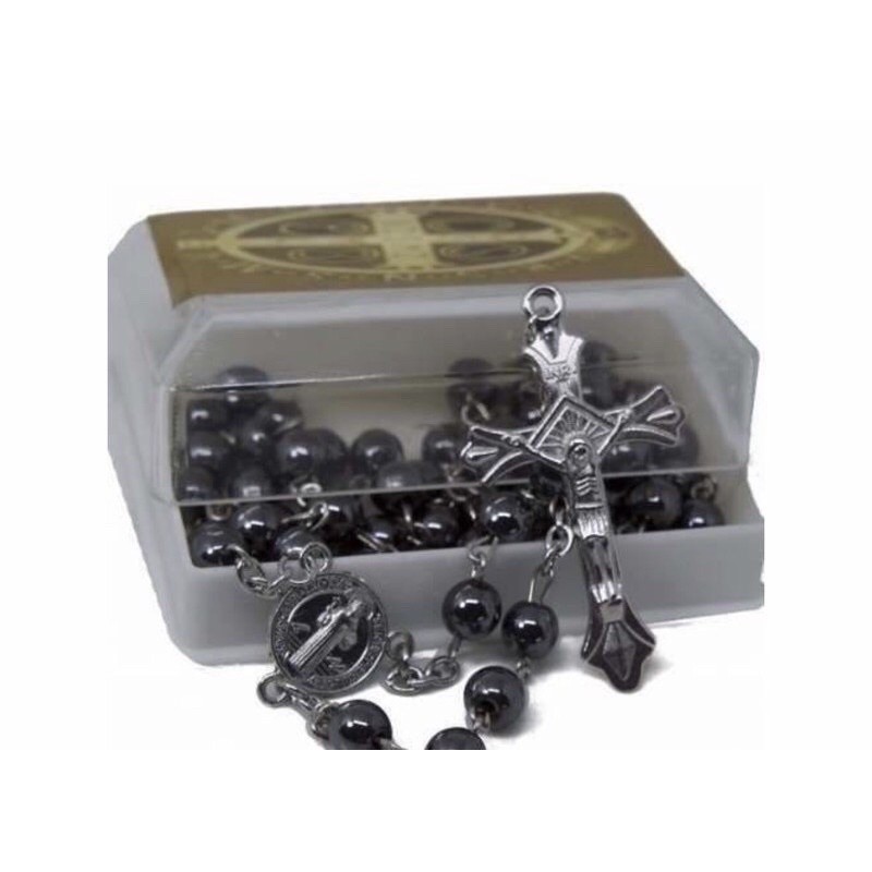 Terço de Pescoço Colar com Medalha de São Bento Aço Inox Hematita COM CAIXA