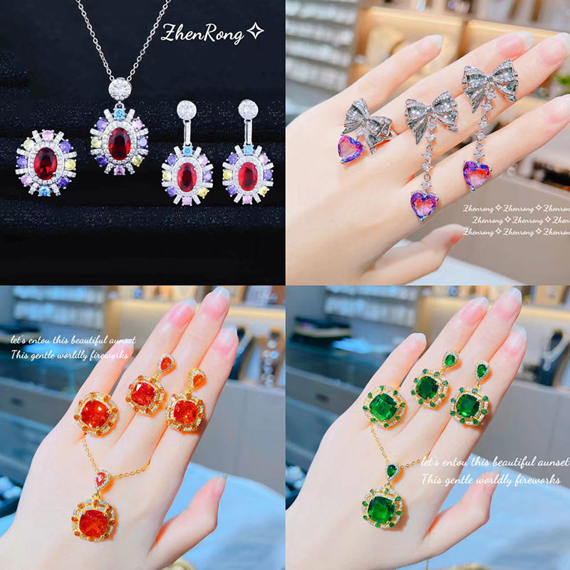 ML Diamante Colorido Diamante Vermelho Verde Diamante Gradiente Roxo Diamante Em Forma de Coração Feminino Anel Aberto M