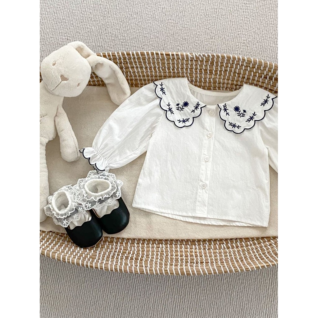 INS primavera novo estilo meninas cor sólida camisa do bebê menina camisa branca bordado lapela camisa de manga longa to