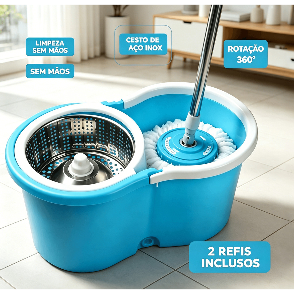 Mop Giratório Azul com Balde e Espremedor Automático em Aço Inox | 2 Refis de Microfibra Inclusos