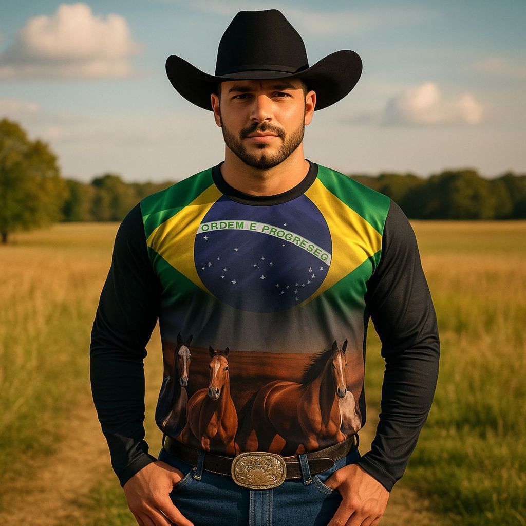Camiseta Masculina De Manga Comprida Country Horse Proteção Solar UV50 + Estampa 3D Realista
