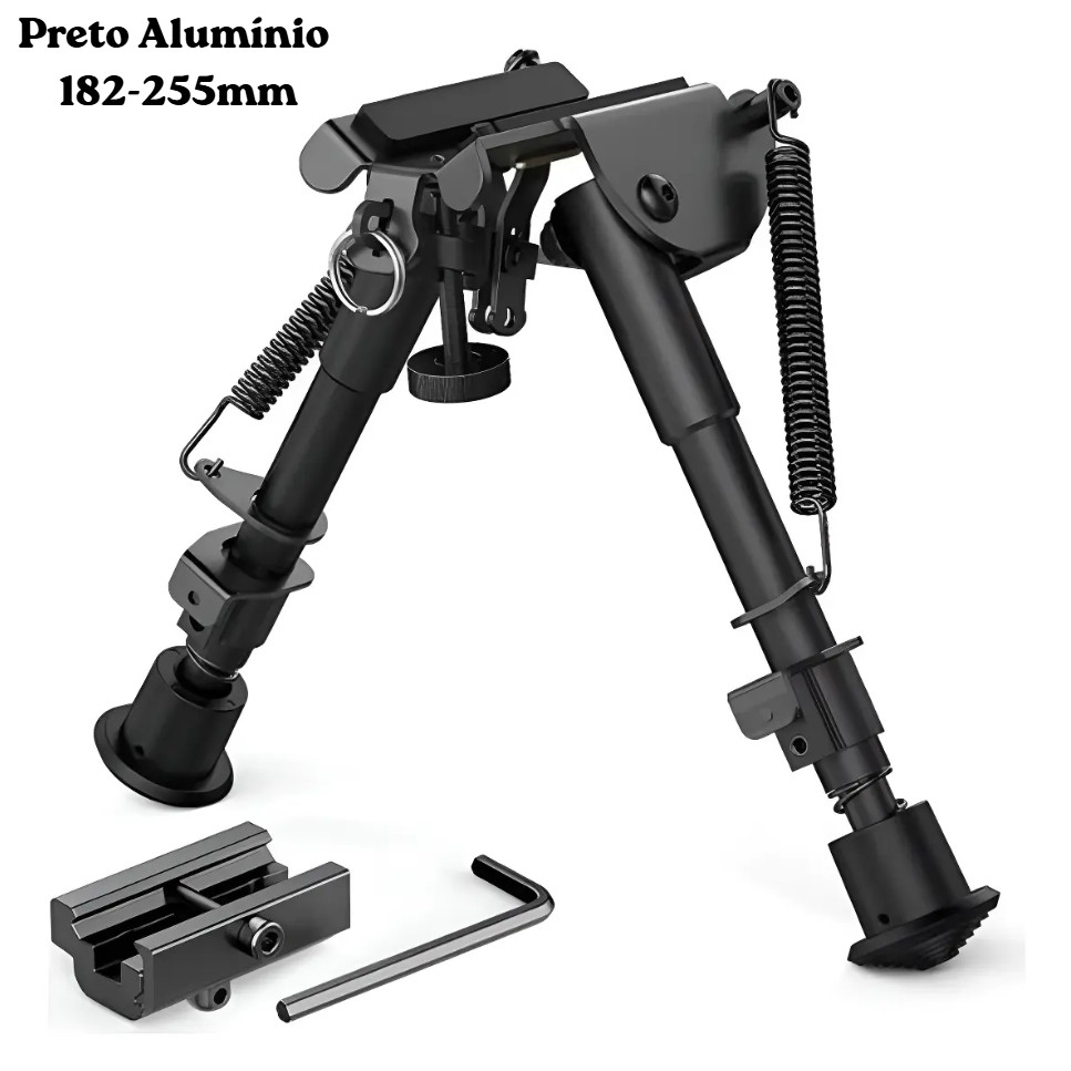 Bipé Tático Retrátil em Alumínio Preto 182-255mm, Suporte Ajustável para Equipamentos