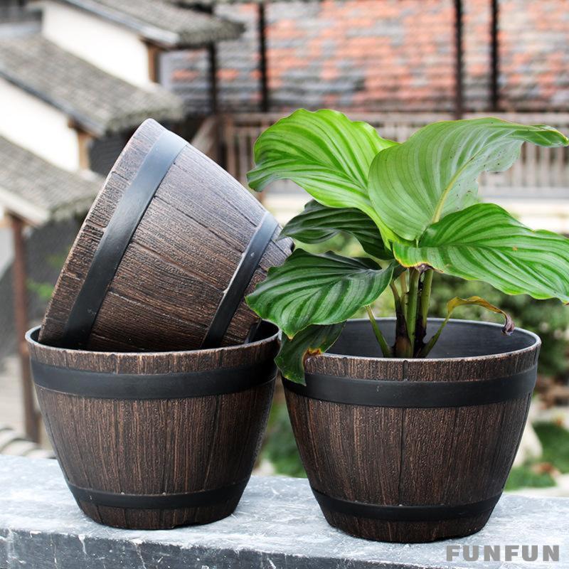 [Funfun] Vasos Para Plantadores De Barril Ao Ar Livre Vaso De Flores De Grão De Madeira De Resina Com Furos De Drenagem