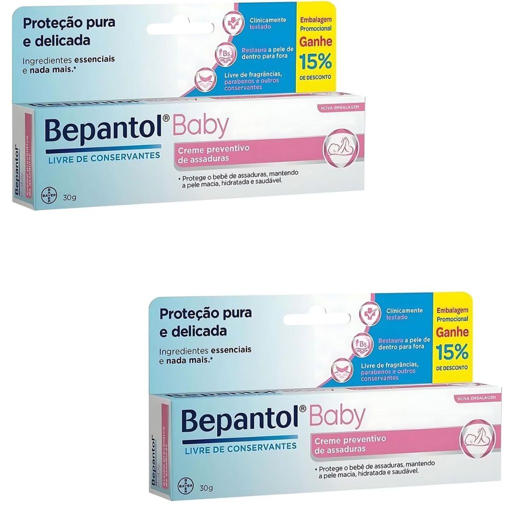 Kit 2 Pomada Assadura Bebê Bepantol Baby 30g Creme Antiassaduras Transparente