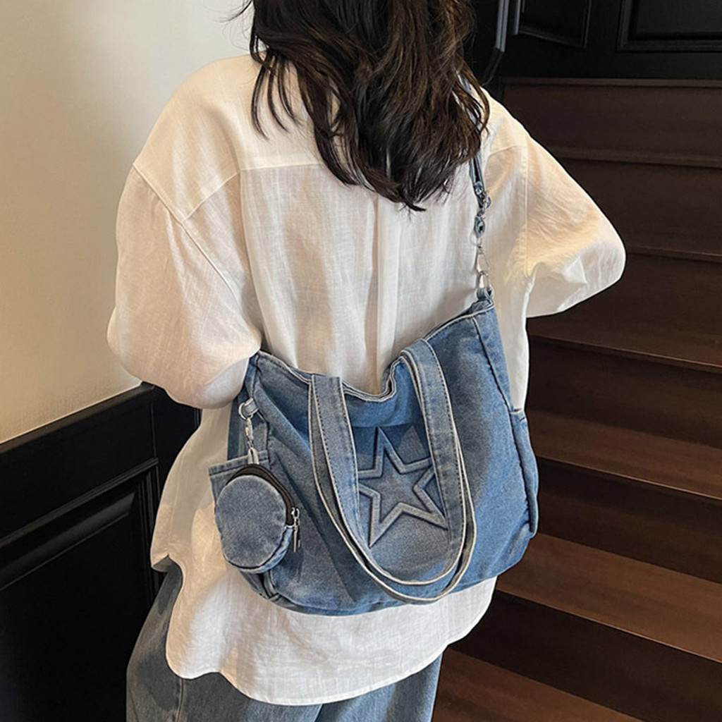 Bolsa Feminina Jeans , Casual Com Padrão Estrela De Grande Capacidade Crossbody De Ombro Multidirecional Para Viagens Es