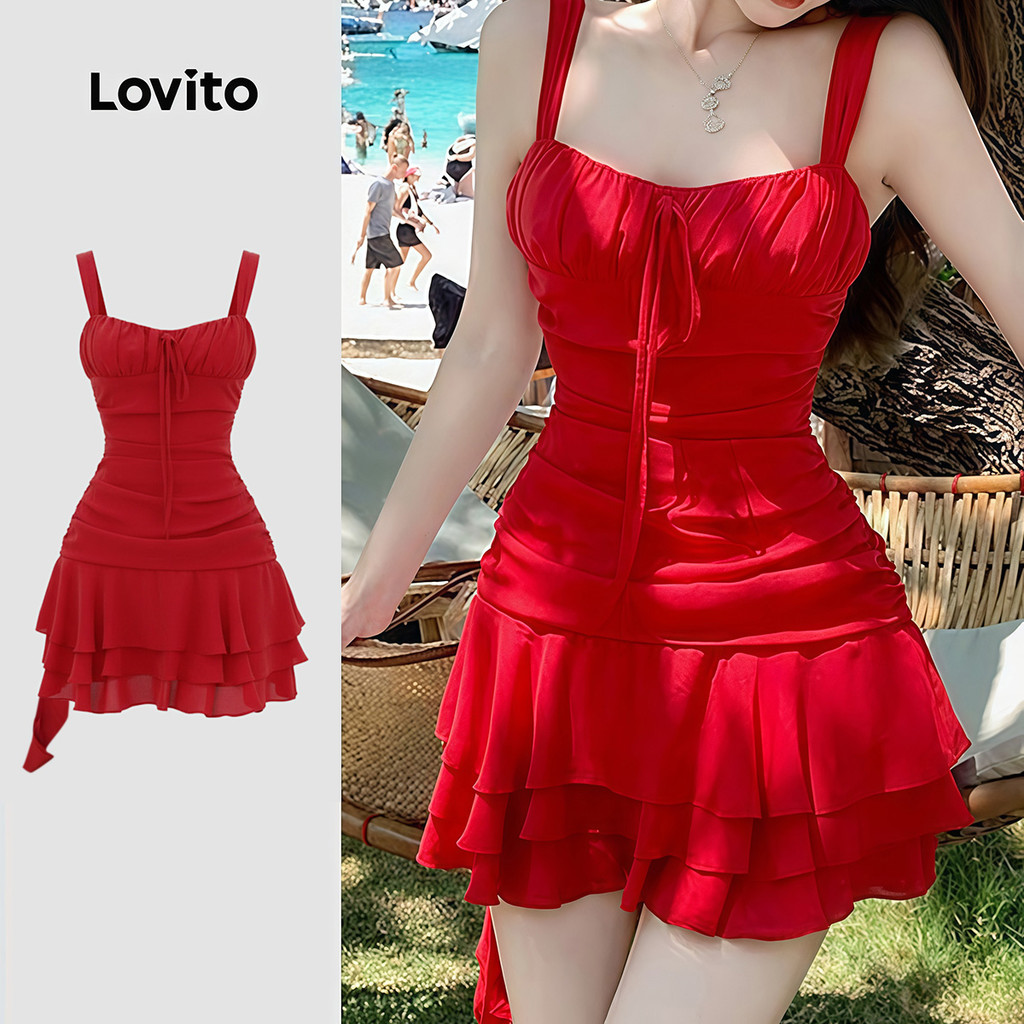 Lovito Maiô Sexy de Uma Peça com Barra Assimétrica e Babados para Mulheres Primavera/verão Vermelho LNE143045