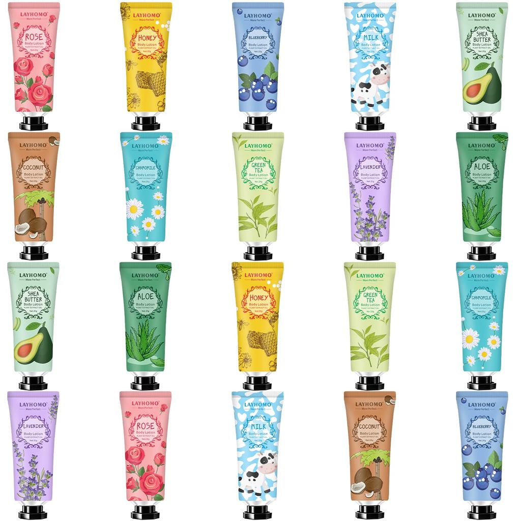 Layhomo 20 Unidades de Mini Loção Corporal para Pele Seca, Tamanho Viagem, Creme Corporal com Manteiga de Karité, Fragrâ