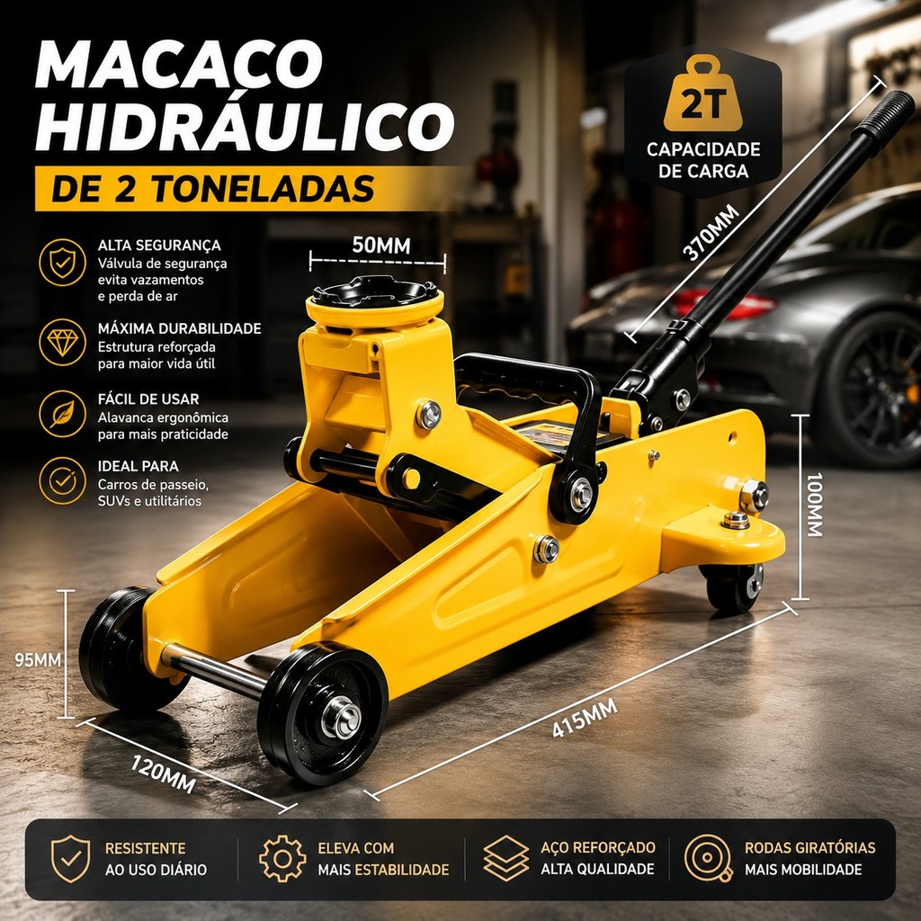 Macaco hidráulico profissional de grande porte, 2T, adequado para oficinas e reparos de veículos.
