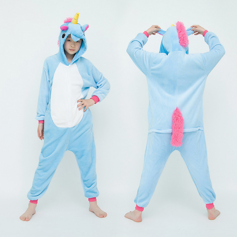 Pijama Infantil De Unicórnio Azul , Fantasia De Cosplay De Animal De Flanela Macia , Roupa De Dormir De Uma Peça Com Cap