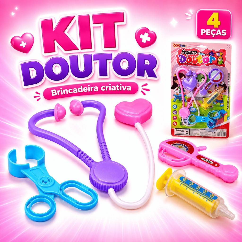 KIT Médico Infantil 4 Peças com Acessórios Brinquedo Estetoscópio Tesoura Seringa Enfermeira Criança Hospital