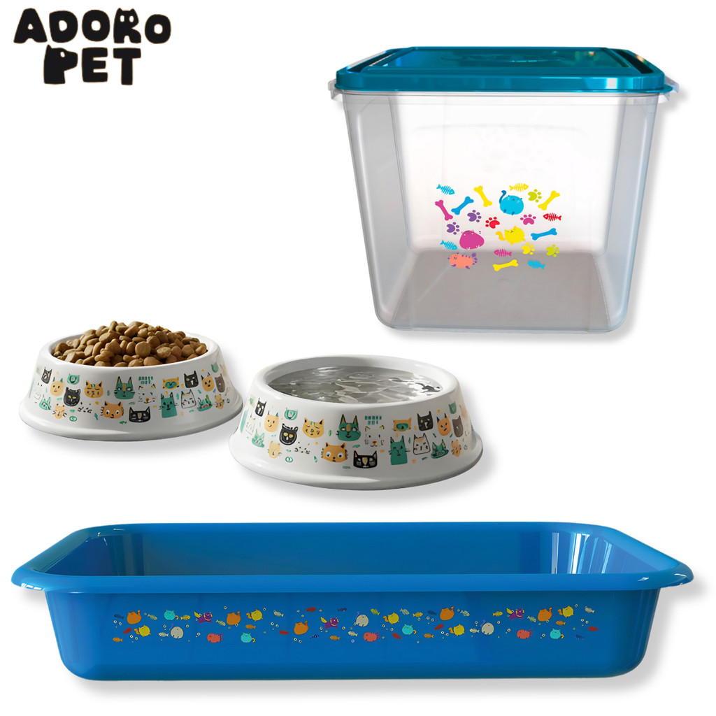 Kit Gato Azul 4 Peças Bandeja Sanitária Porta Ração e Potes Melamina Premium