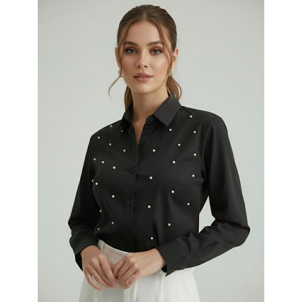 Camisa Social Feminina com Pérolas Premium Preta | Blusa de Luxo Manga Longa Elegante com Aplicações de Pérolas Longa
