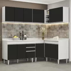Armário de Cozinha Modulado de Canto 6 Peças CP29 Balcão com Tampo Branco/Preto - Lumil
