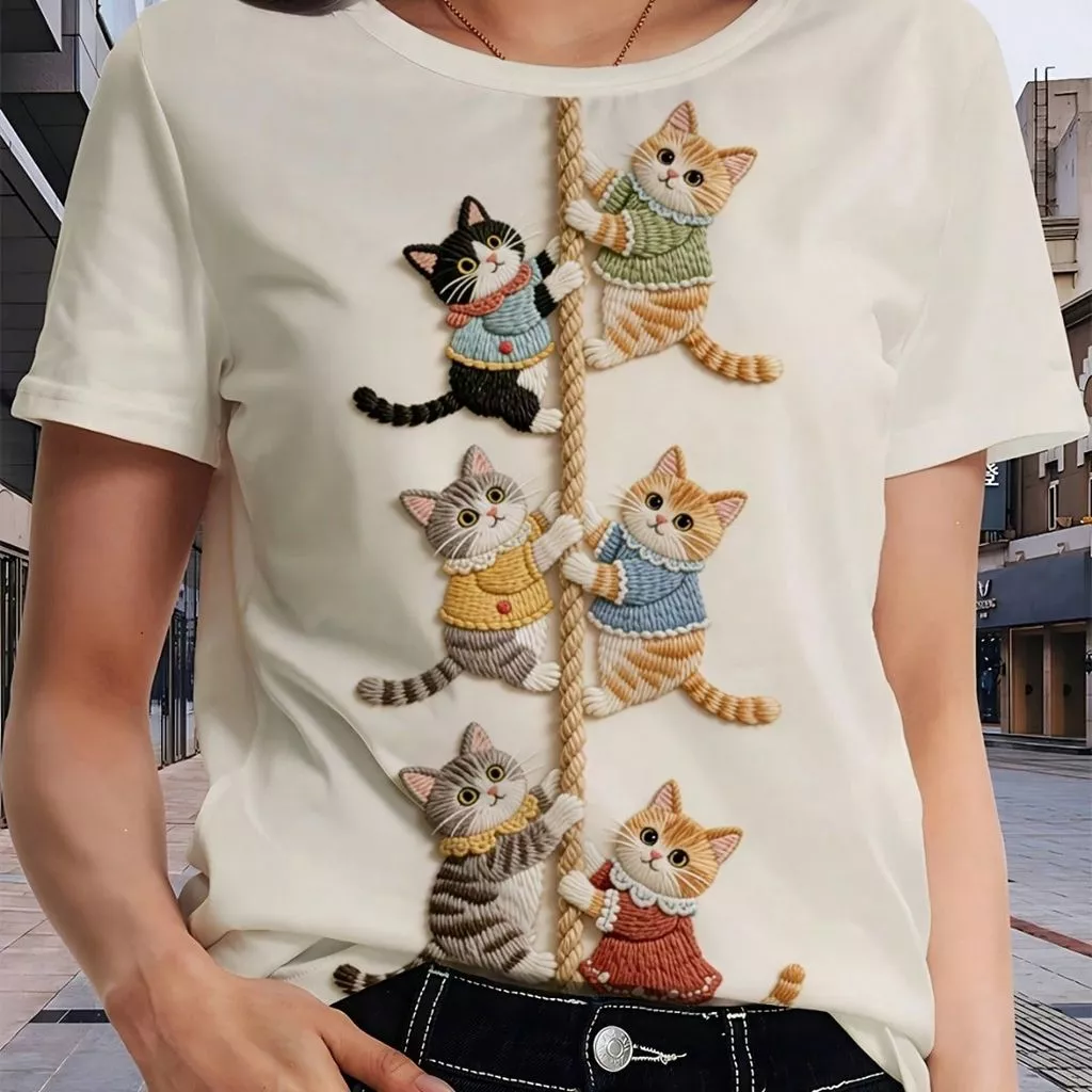 Camiseta Blusa Feminina Manga Curta Estampa De GATINHO FOFO Subindo Corda Animal Lançamento — imagem 1