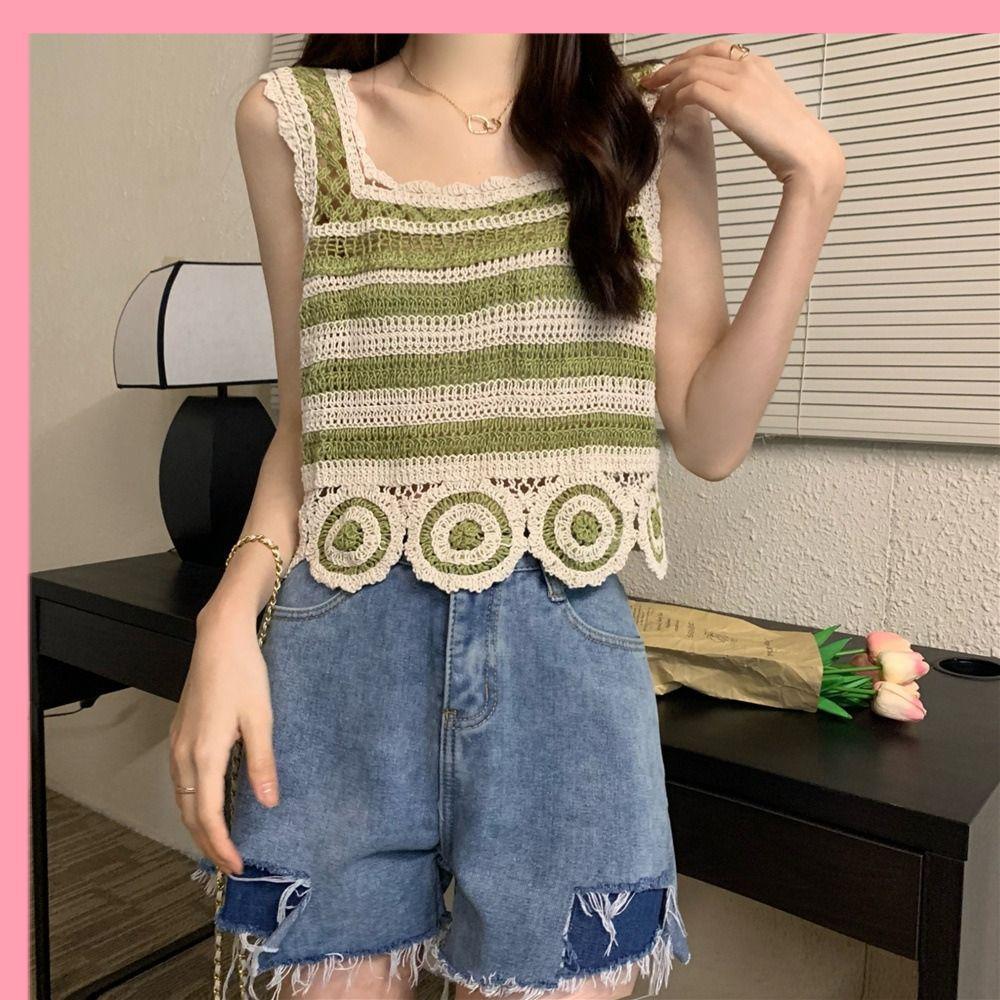 DORA Crop Top , Colete Sem Mangas Com Estampa De Bordado Retrô , Camisolas Elegantes De Malha De Verão Bohemia