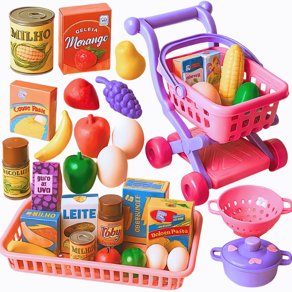 Kit Brinquedo Infantil Meninas Carrinho Supermercado + Conjunto de Panelas Panelinhas Feirinha