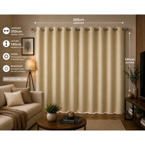 Cortina Blackout Tecido Escurecedor Ilhós Bloqueio Luz Isolamento Térmico 200x140cm Bege