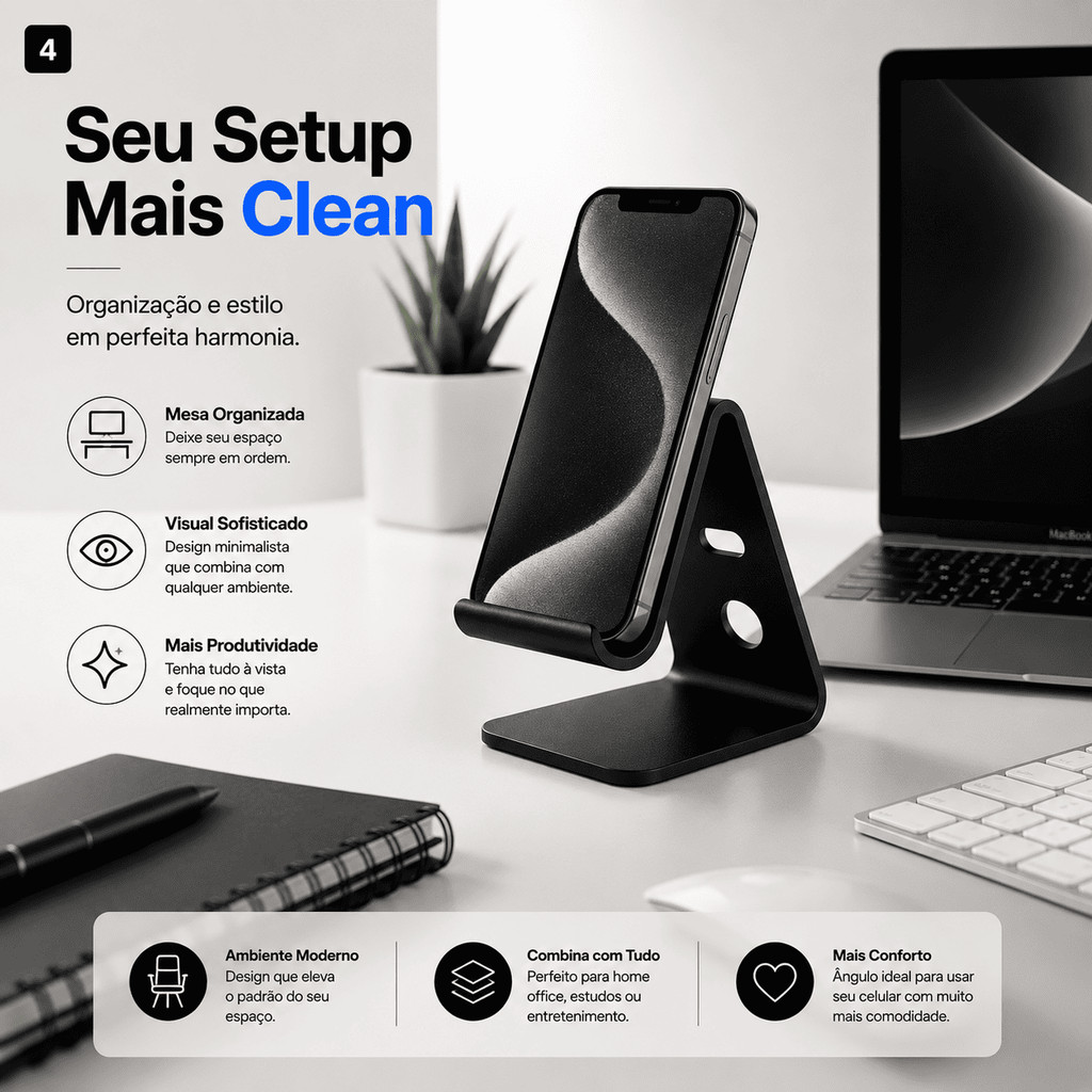 Suporte Celular Mesa Minimalista Base Moderna Apoio Smartphone Compatível Android iPhone Preto
