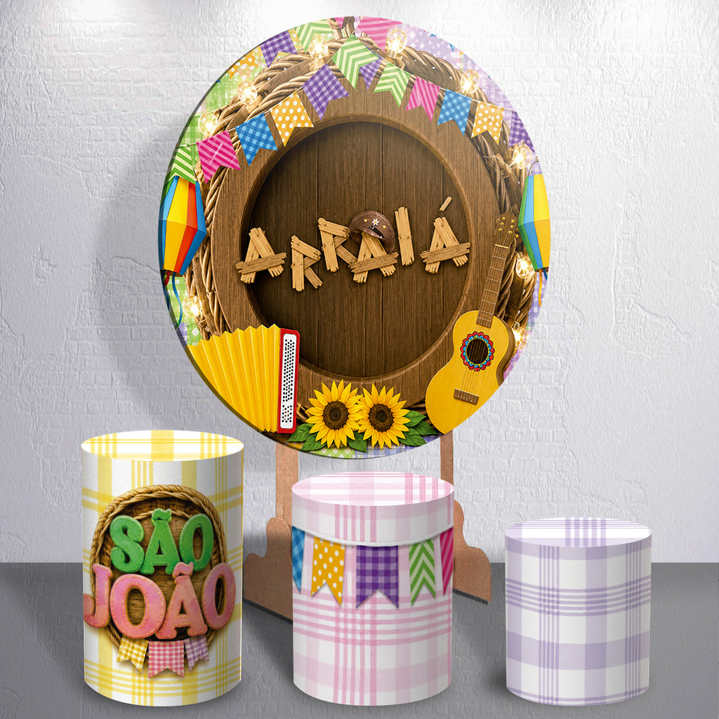 Capa Painel Redondo Trio Cilindros Festa Junina Arraiá São João Kit Ou Avulso Bandeirinhas Decoração Caipira