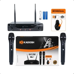 Microfone Sem Fio Kadosh K412M UHF Duplo de mão Pilhas Recarregáveis