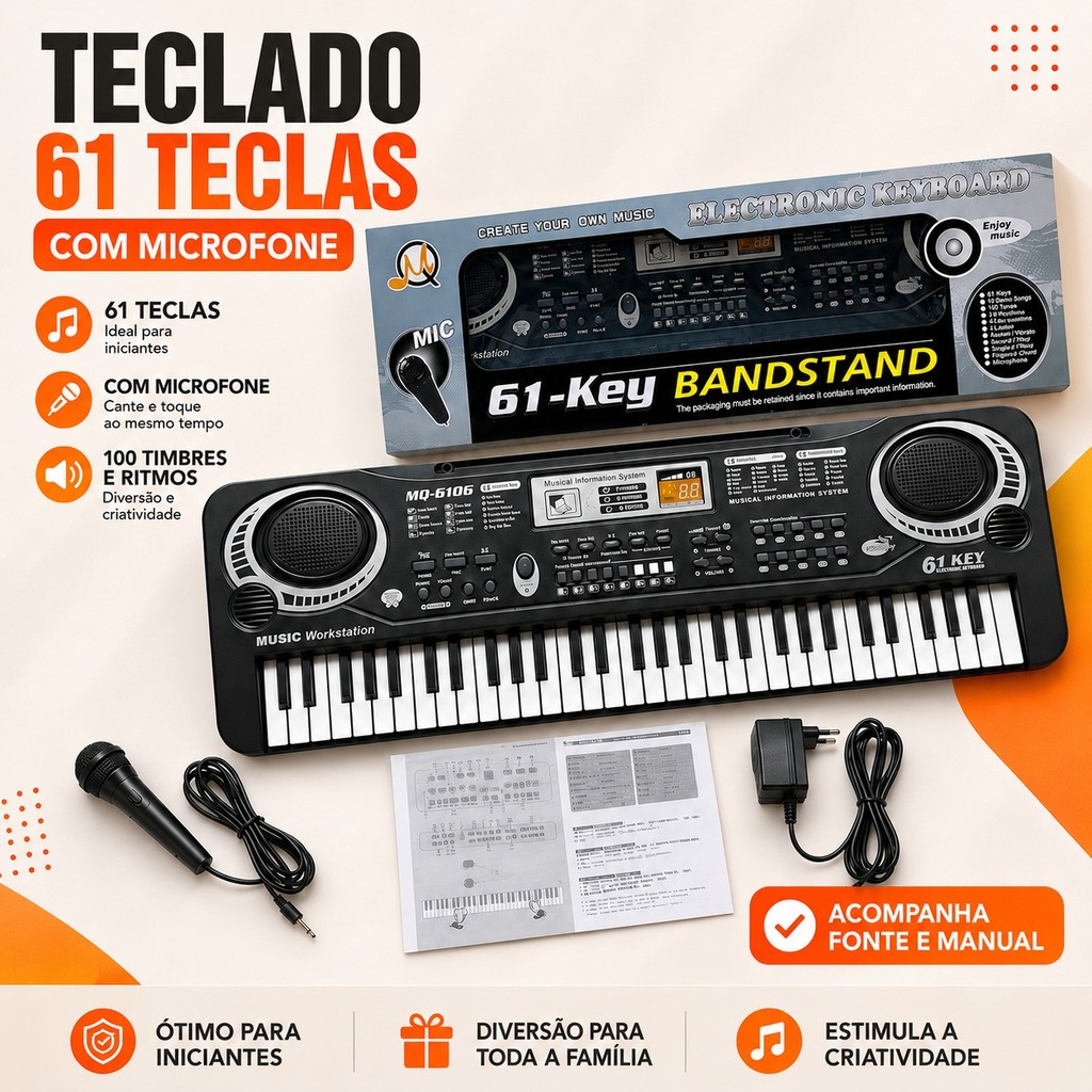 Brinquedo Educativo Teclado Eletrônico 61 Teclas Piano Infantil Crianças Iniciantes Microfone Fonte