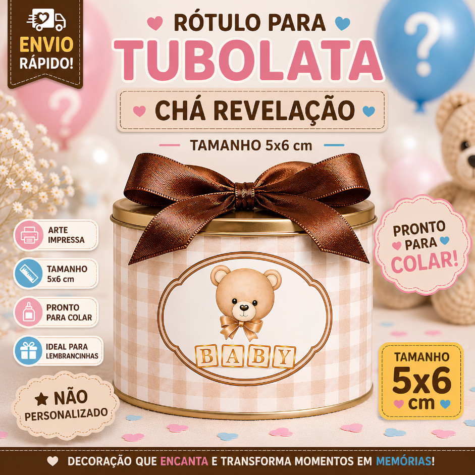 Rótulo Adesivo Minitubolata 50 unidades 5x6 Chá Revelação Tema Ursinho Neutro - Não personalizado