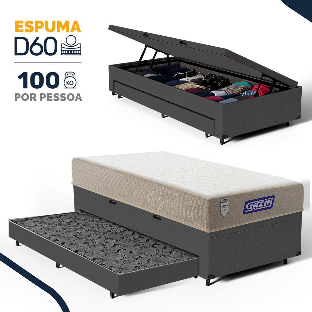 Cama Box Baú com Colchão Gazin de Espuma D60 Double Face Force PLUS + Auxiliar Espuma Solteiro 88cm