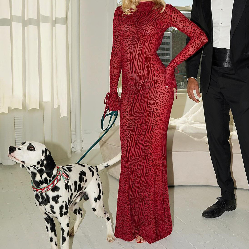 Cross-Border Sexy sem costas Micro-queimado manga Fishtail saia vermelho leopardo impressão malha vestido longo de verão