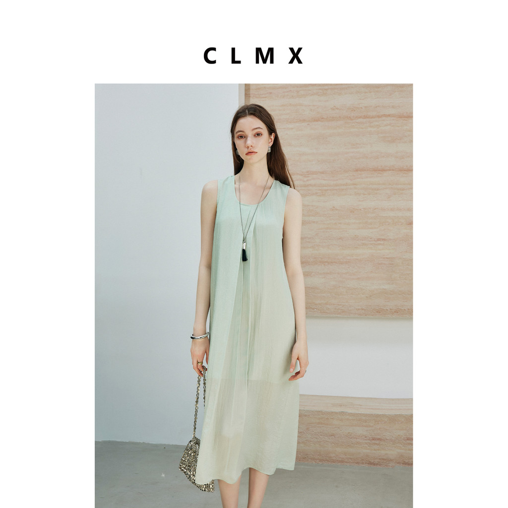 CLMX Textura leve ligeiramente enrugada 100% tecido fino acetato feminino verão sem mangas borda fungo frisado saia plis