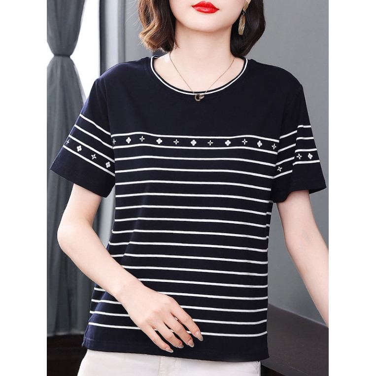 Camiseta listrada de manga curta feminina verão novo estilo mãe de meia-idade camiseta feminina tamanho grande capa solt