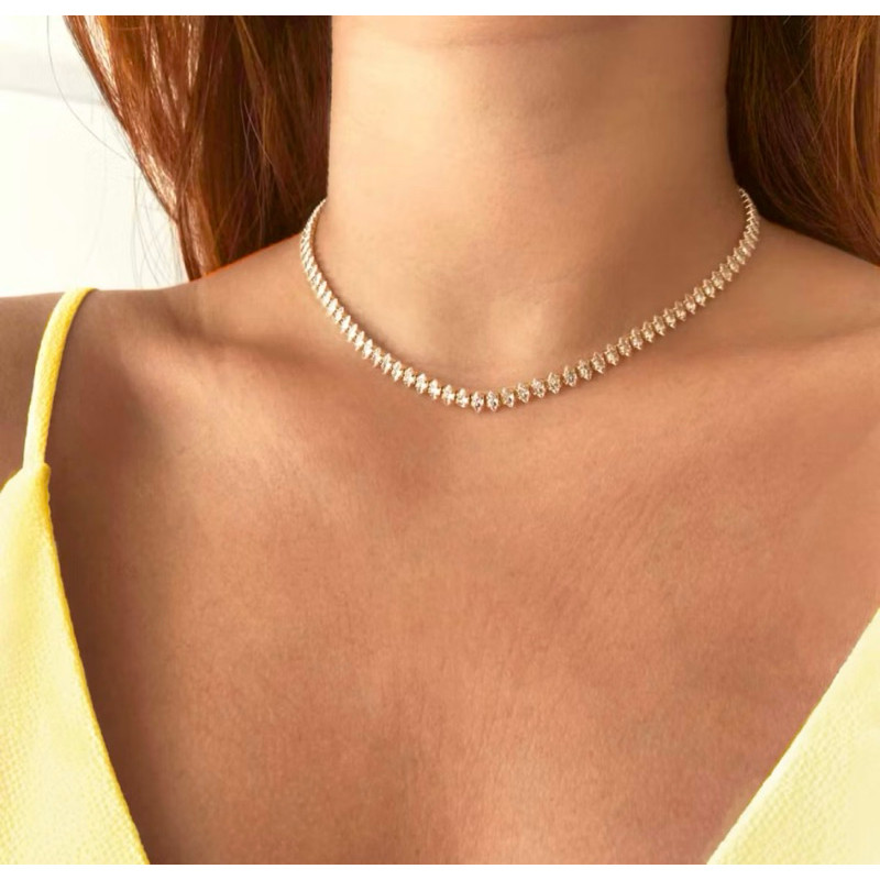 Colar Choker  Riviera Navete Zircônia Prata 925 Ouro 18k