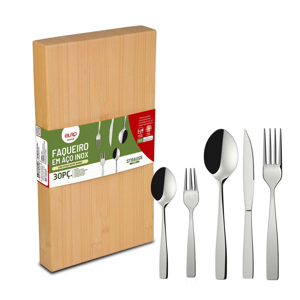 Faqueiro Strauss Flat FQM30F 30 Peças Aço Inox Cabo Decorado Serve 6 Pessoas Euro Home