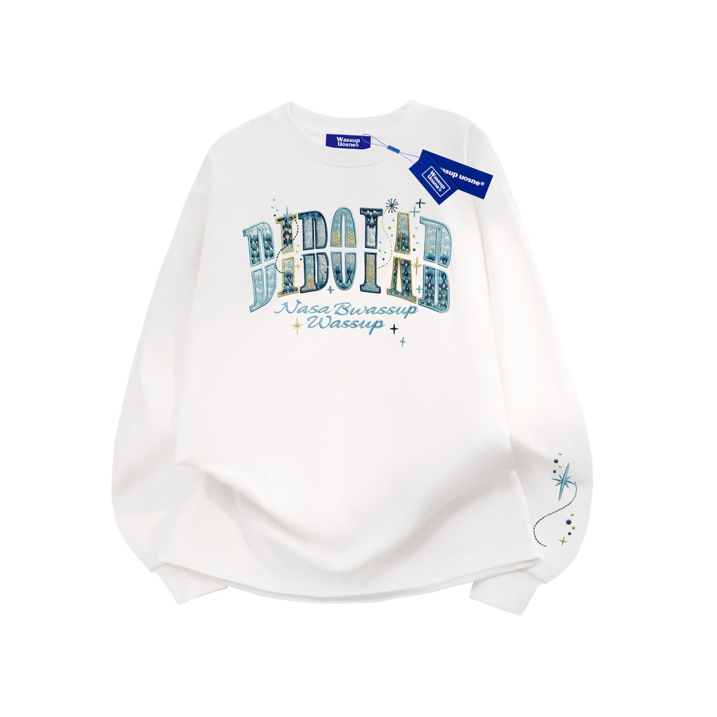 Algodão puro letras bordadas de manga comprida camiseta masculina estilo feminino 2026 novo estilo primavera outono juve