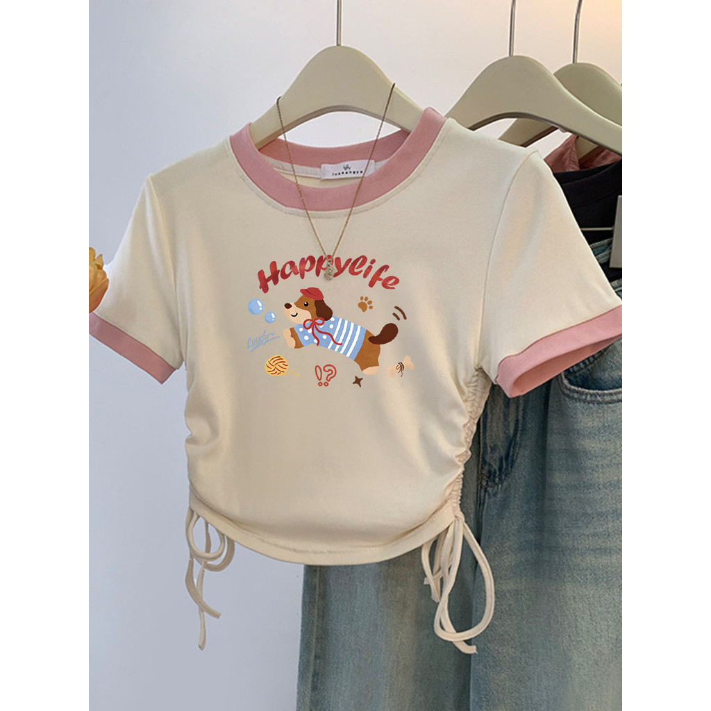 Meninas cor-bloqueando algodão puro manga curta camiseta verão médio-grande crianças roupas femininas Super linda menina