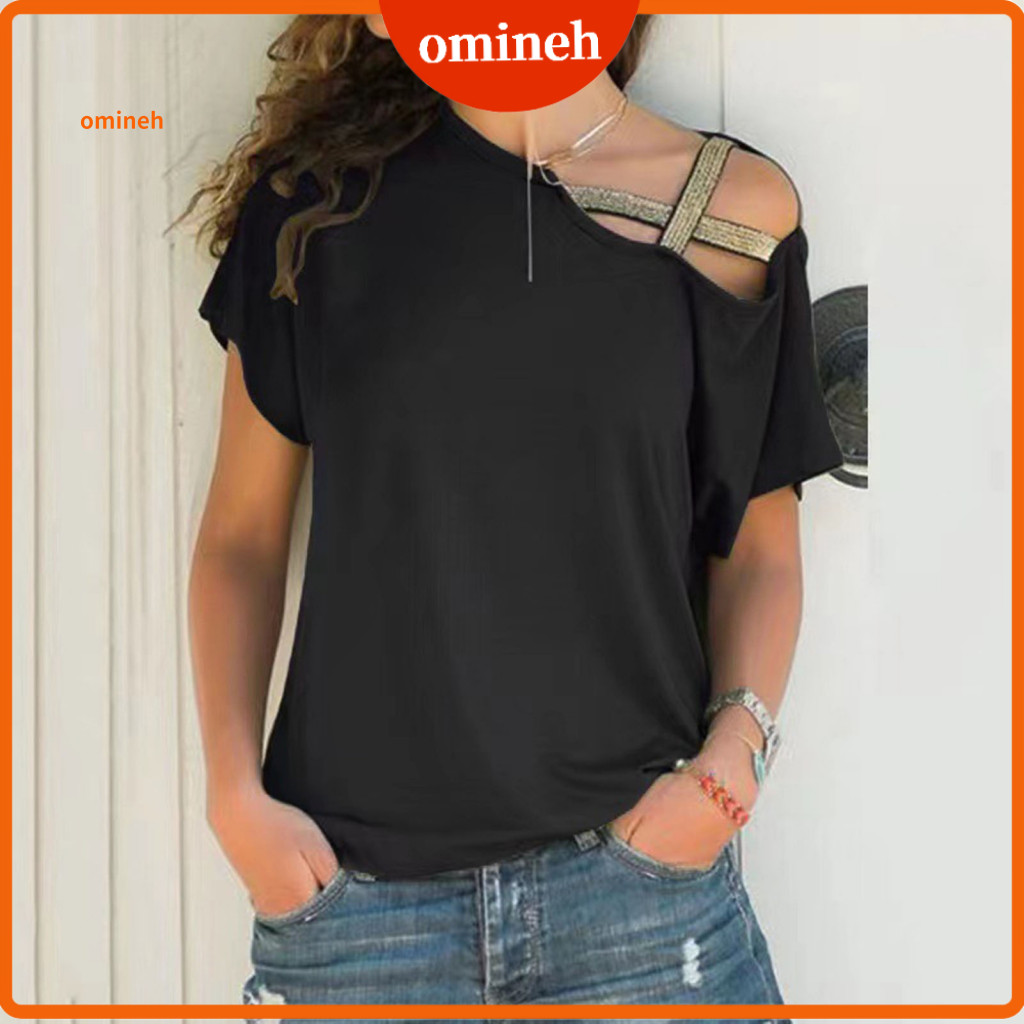 Dropped Shoulder Sleeve Tops Women T-shirt Women’s Summer Asymmetrical Off-shoulder Loose Fit Top Skew Collar Pullover