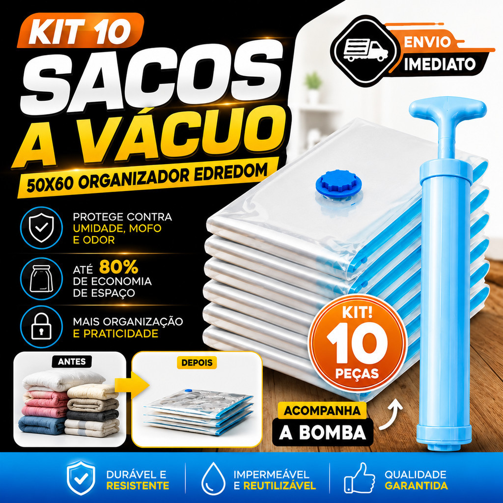 Kit 10 Saco À Vacuo 50x60cm Otimização De Espaço com Bomba inclusa
