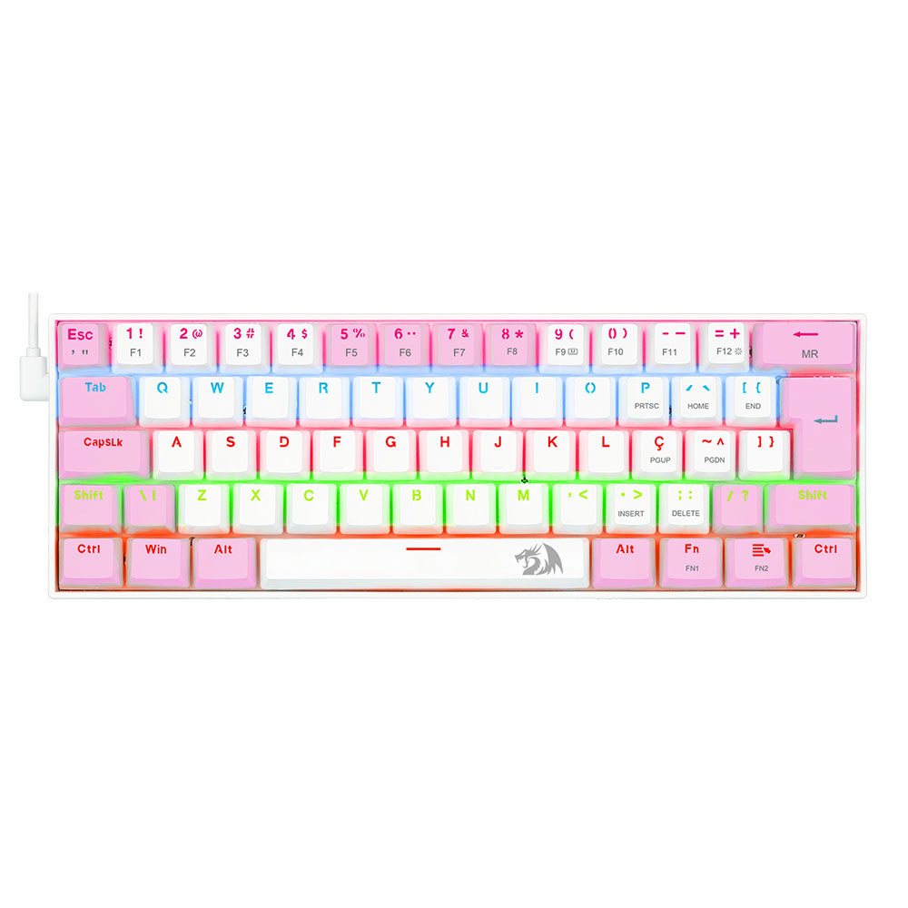 TECLADO MECANICO USB GAMER LAKSHMI RAINBOW SWITCH BLUE REDRAGON BRANCO E ROSA K606WP-R